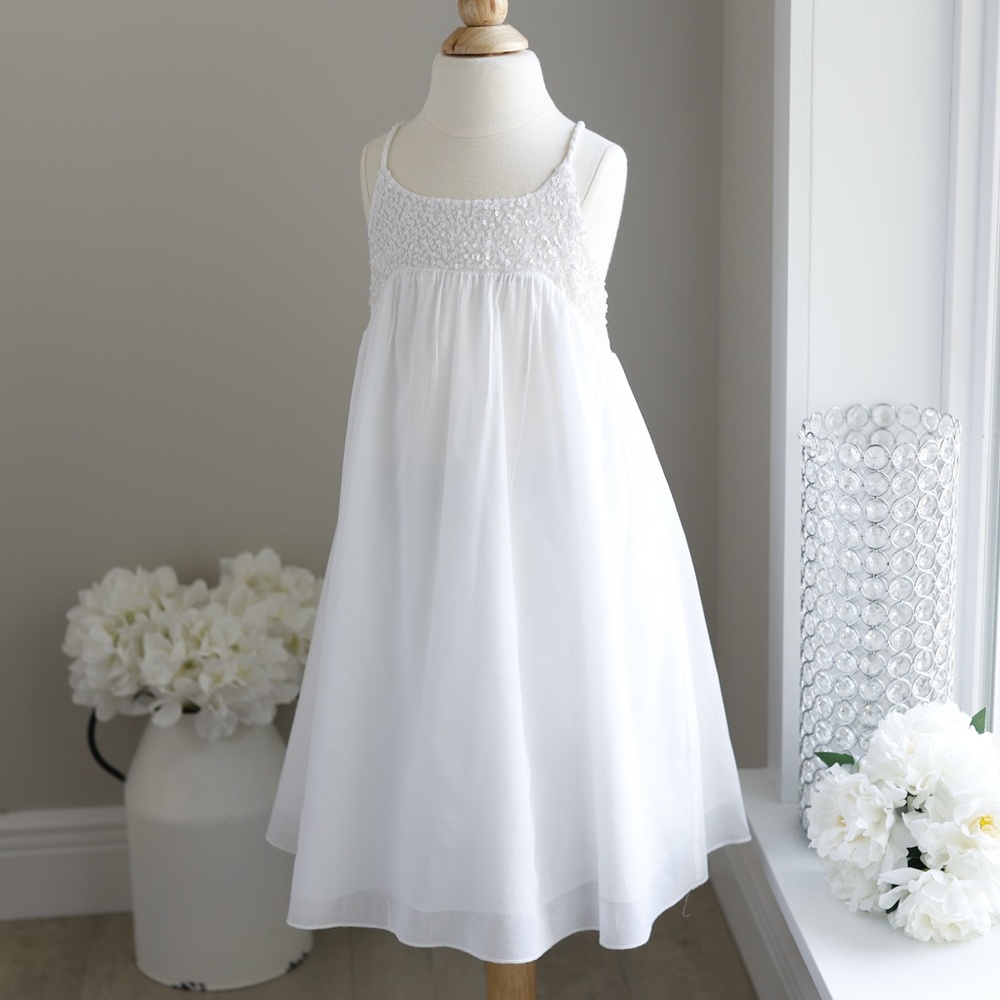Designer Girl's White Cotton Sequined Dress by La Piccola Danza  Fits size 5-7